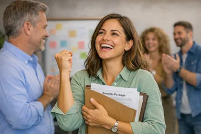 Happy employee celebrating while holding a benefits package